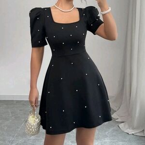 Women Square Neck Gigot Sleeve Pearl Decor Mini Dress